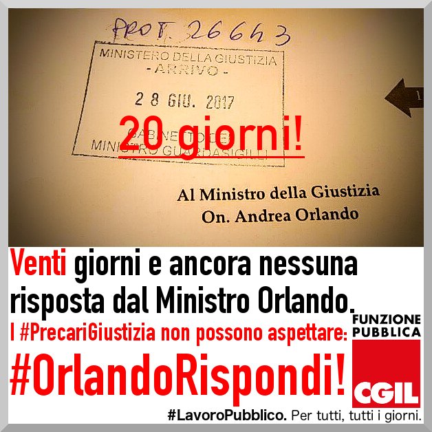 FpCgilNazionale's tweet photo. 2⃣0⃣ giorni e ancora nessuna risposta da @AndreaOrlandosp.
I #PrecariGiustizia non possono aspettare: #ORLANDORISPONDI❗️ https://t.co/EPgvQOui2l