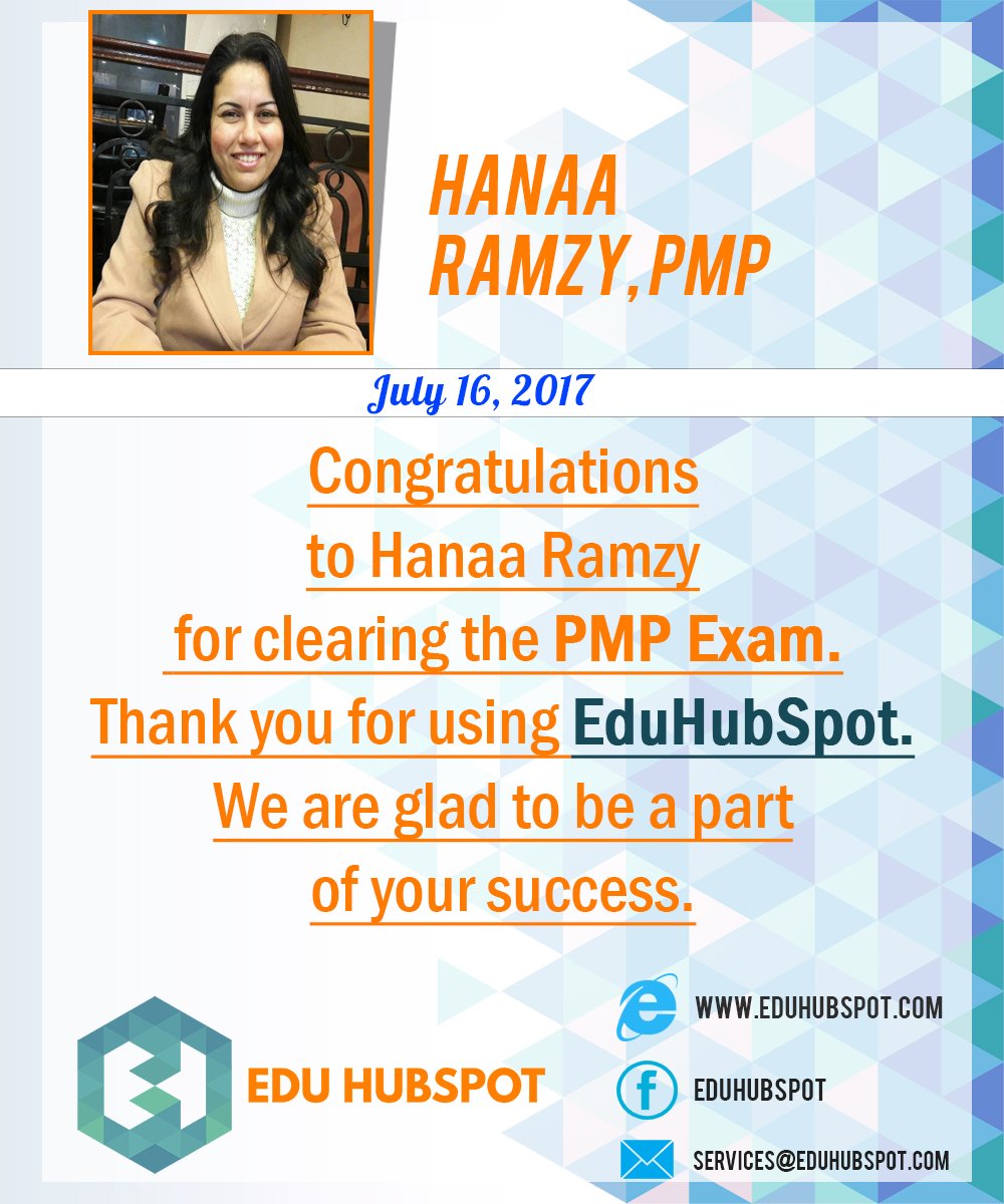 eduhubspot's tweet photo. Congratulations to Hanaa Ramzy
Get yourself prepared for #PMP Exam 2017
#PMPExam #PMPQuestion #EDUHUBSPOT https://t.co/fVNV1hdd3k
