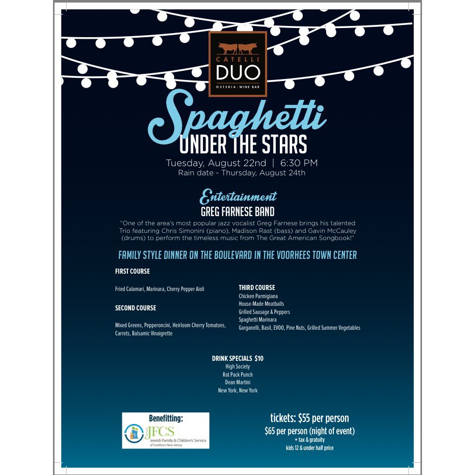 Spaghetti Under the Stars is back at #CatelliDuo in #Voorhees @JFCS_SouthernNJ