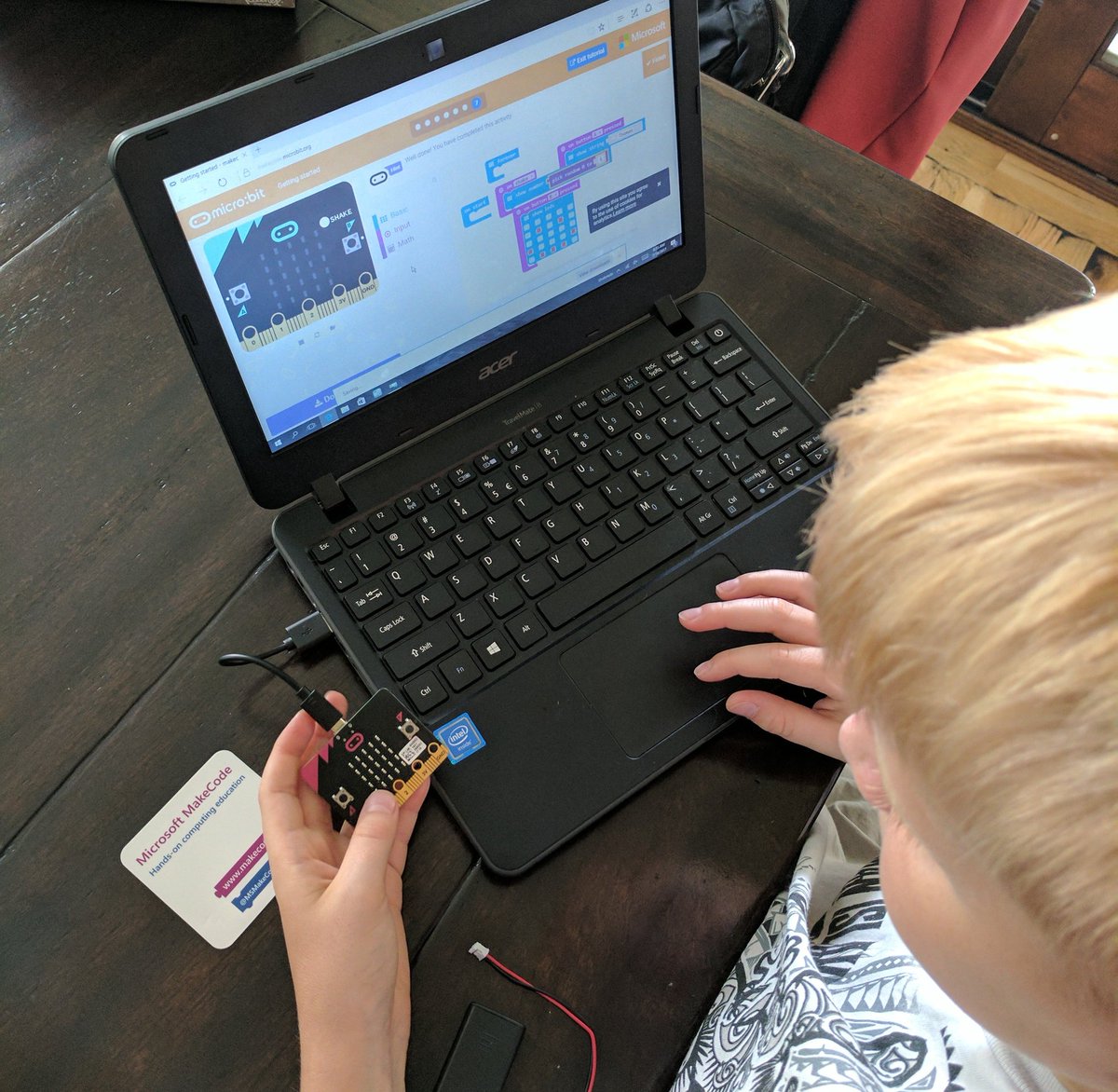 CLKKoch's tweet photo. Playing with our micro:bit! Can't wait to use this next year with my students! My favorite find from #ISTE17  #makecode  #microbit https://t.co/7MqWfFCqt2