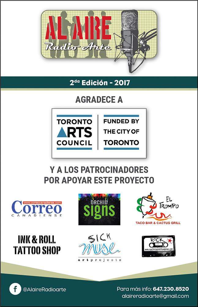 alaireradioarte's tweet photo. Thanks @TorontoArts and our sponsors @OrchidSigns @correoca @rocksinbanderas @ElTrompoTO @SickMuseArt your support helps our community grow https://t.co/3nsuw3sS9W