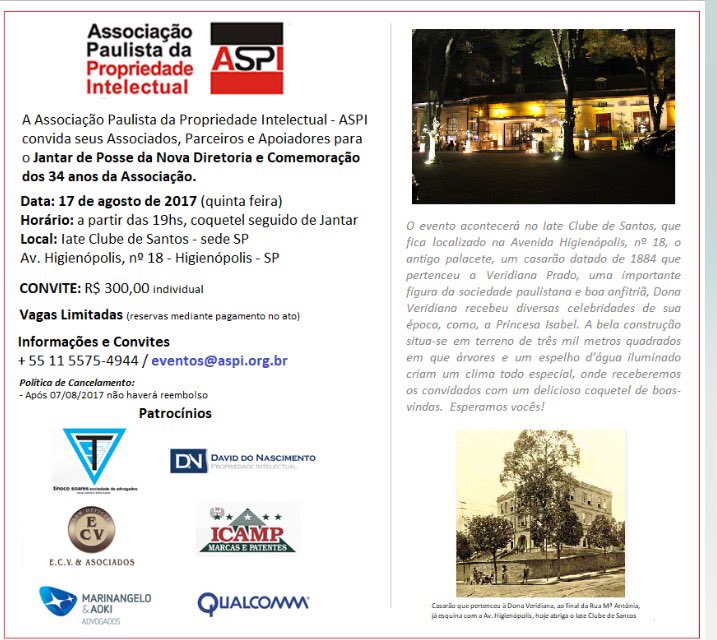 ASPIORGSP's tweet image. Convite - Jantar de Posse da Nova Diretoria da ASPI - Biênio 2017-2019