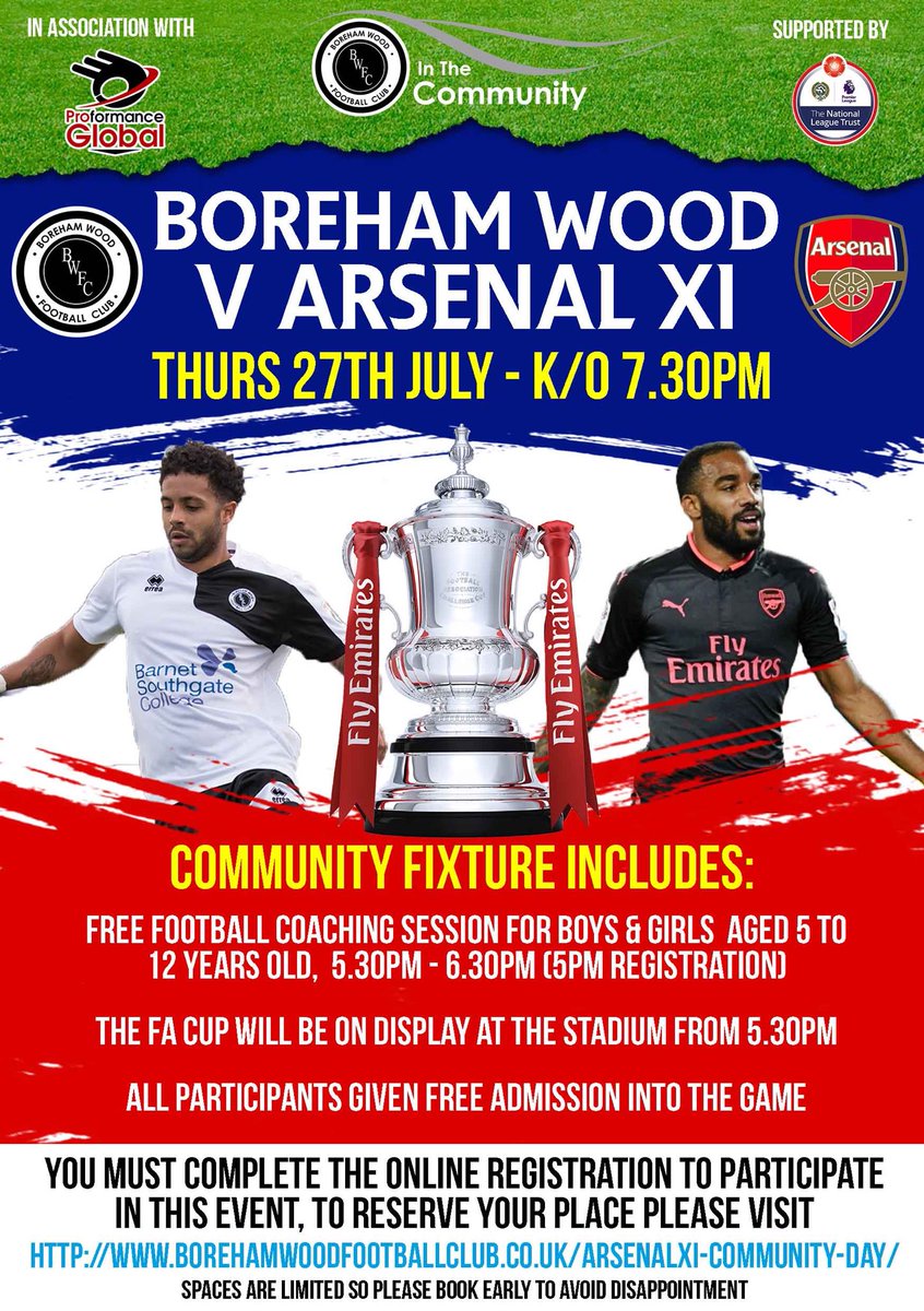 FREE community training session in partnership with <a href="/ProformanceG/">Proformance Global</a> prior to friendly with <a href="/Arsenal/">Arsenal</a> XI🔴⚪️Register here borehamwoodfootballclub.co.uk/arsenalxi-comm…