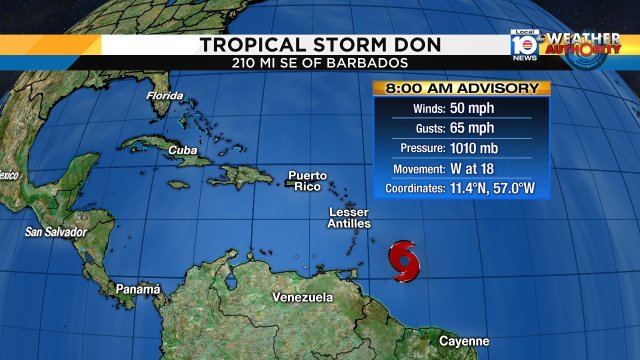 Here is the latest on Tropical Storm Don as of 8AM.Watch Meteorologist Julie Durda for more. https://t.co/Ud3z9nhHri