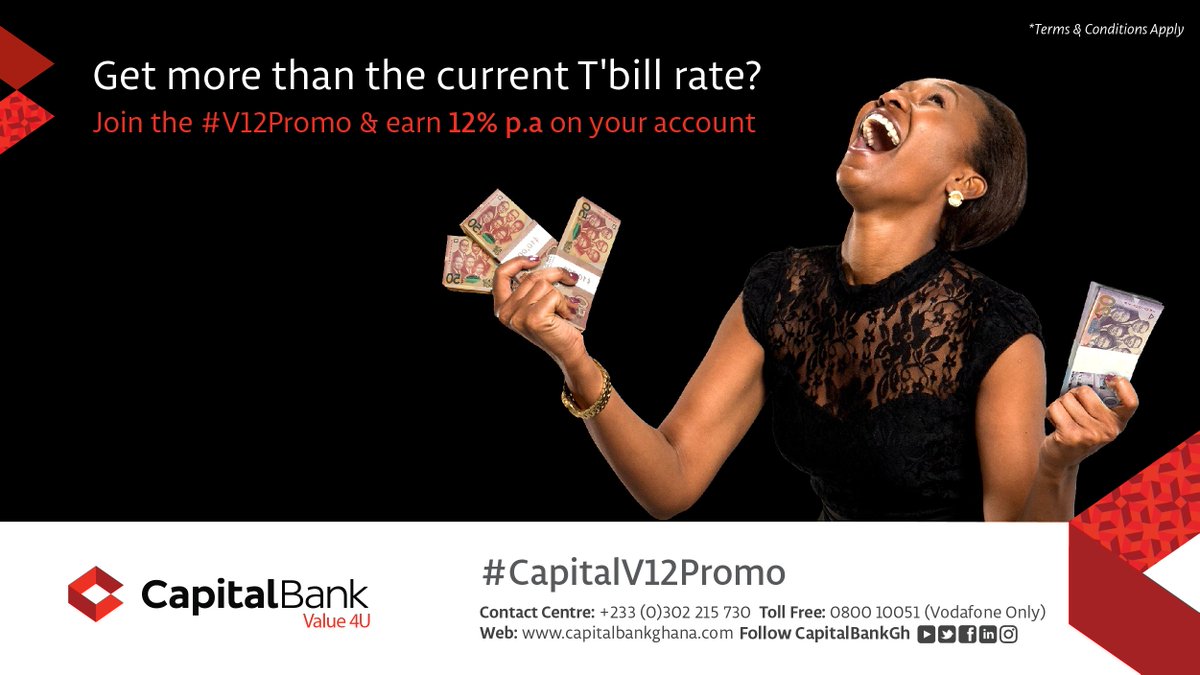 GCBBankPLC's tweet photo. #DoYouKnow the #V12Promo gives you more than the current T'bill rate? Switch to Capital Bank & earn 12% interest p.a on your A/C. Ask us how https://t.co/OUN6ytJgkn