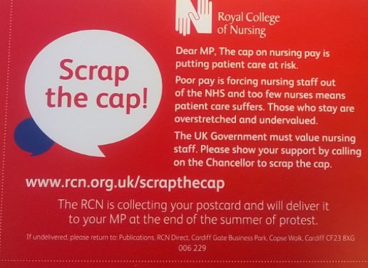 RCNLibraries's tweet photo. Over 450 #scrapthecap postcards collected so far at our #RCNLibScot team visits to workplaces @theRCN #summerofprotest @RCNScot @normanpRCN https://t.co/4pOIyEe4ZF