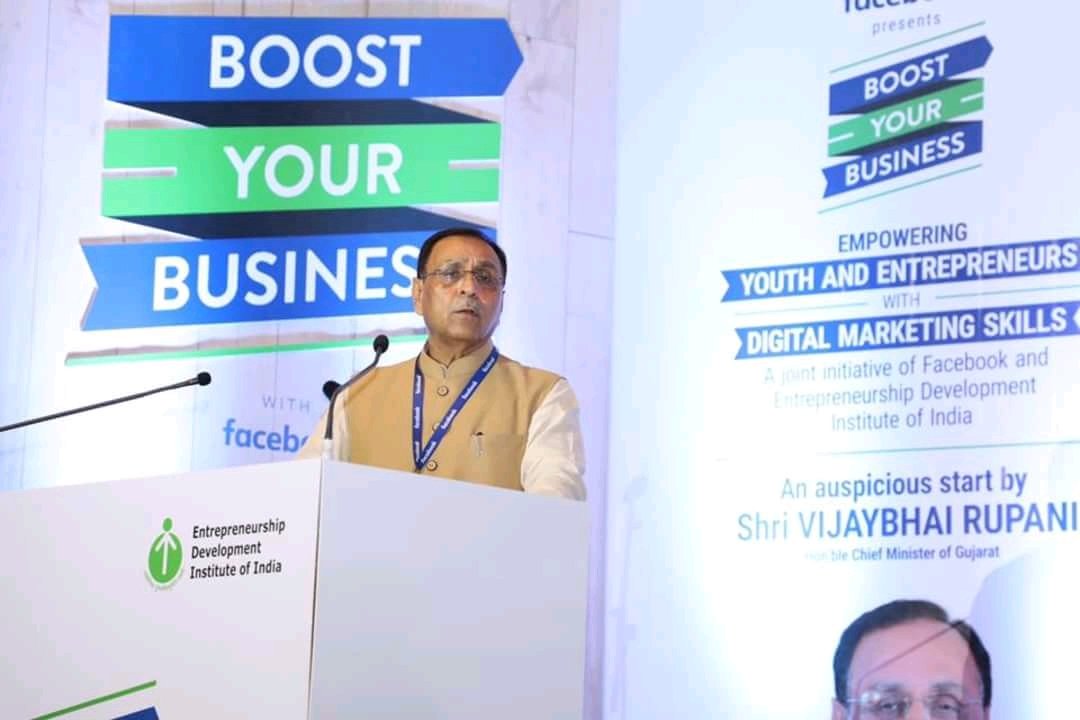 CMOGuj's tweet photo. Guj CM launched 'Boost Your Business with FB' a joint initiative of EDI &amp; Facebook to empower youth &amp; entrepreneurs with digital mktg skills https://t.co/6w8mdsEVGz