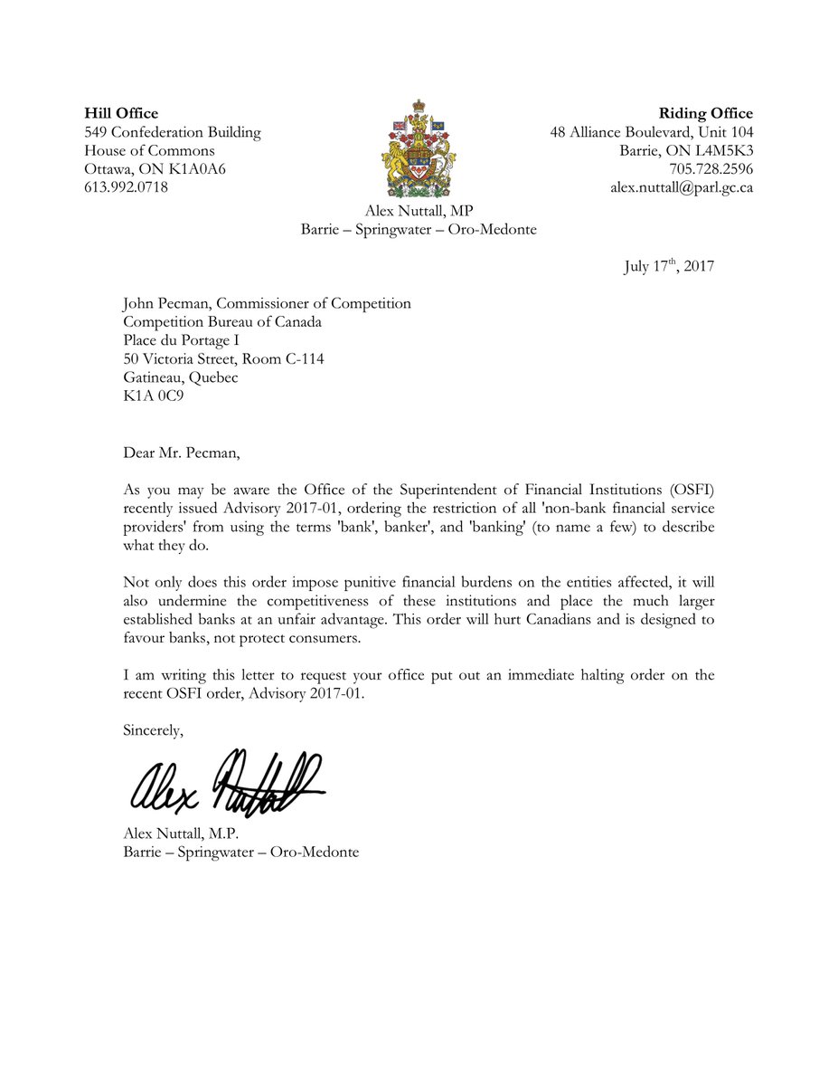 AlexFromBarrie's tweet photo. Here is a letter I wrote to the Competition Bureau regarding the big banks using the government to stifle competition. 1/3 https://t.co/kcQj6OGP97