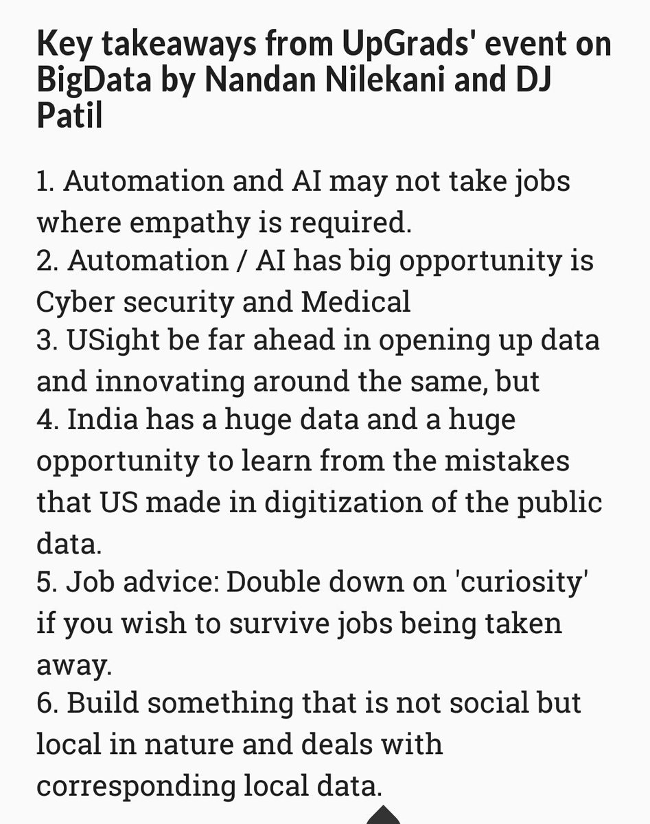 shivam_sb's tweet photo. #UpGradTalks Top takeaways from the event on #BigData and #ArtificialIntelligence by @djpatil and @NandanNilekani https://t.co/8k0aSTOi7I
