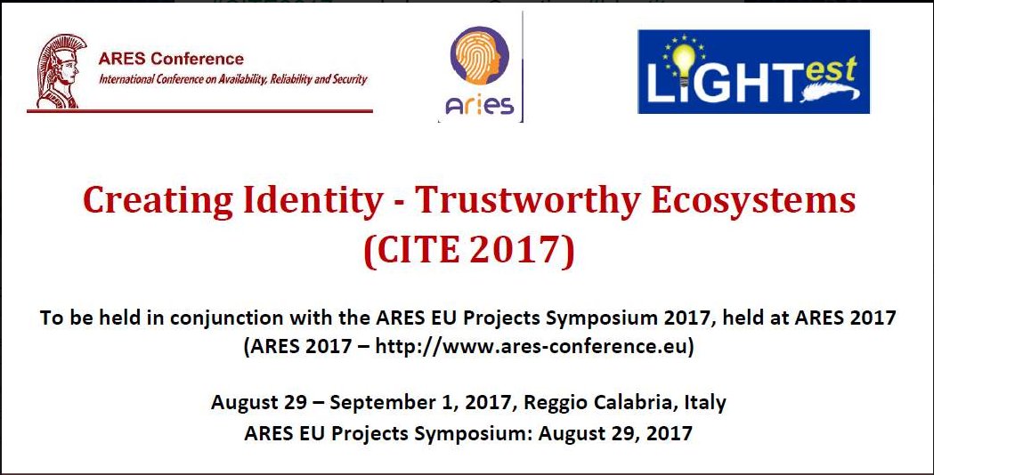 TREDISECproject's tweet photo. Aries and LIGHTest invite you to the next #CITE2017 workshop on Creating #Identity - #Trustworthy Ecosystems at @ARES_Conference. https://t.co/FNtiOS1UDc