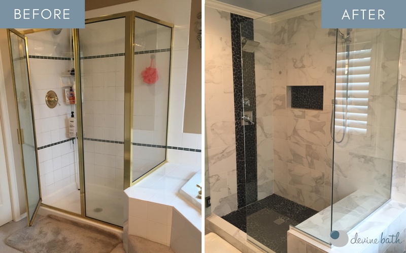 As much as we love to get nostalgic, this brass-framed shower just had to go! What do you think of the transformation?