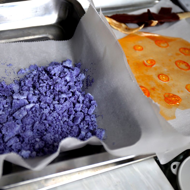 CocktailProf's tweet photo. In the kitchen of Coppersmith Bar. Blue flower salt made of a natural blue flower tea &amp; a kumquat fruit leather. #cocktail #garnish https://t.co/AE5DzQt9Vb