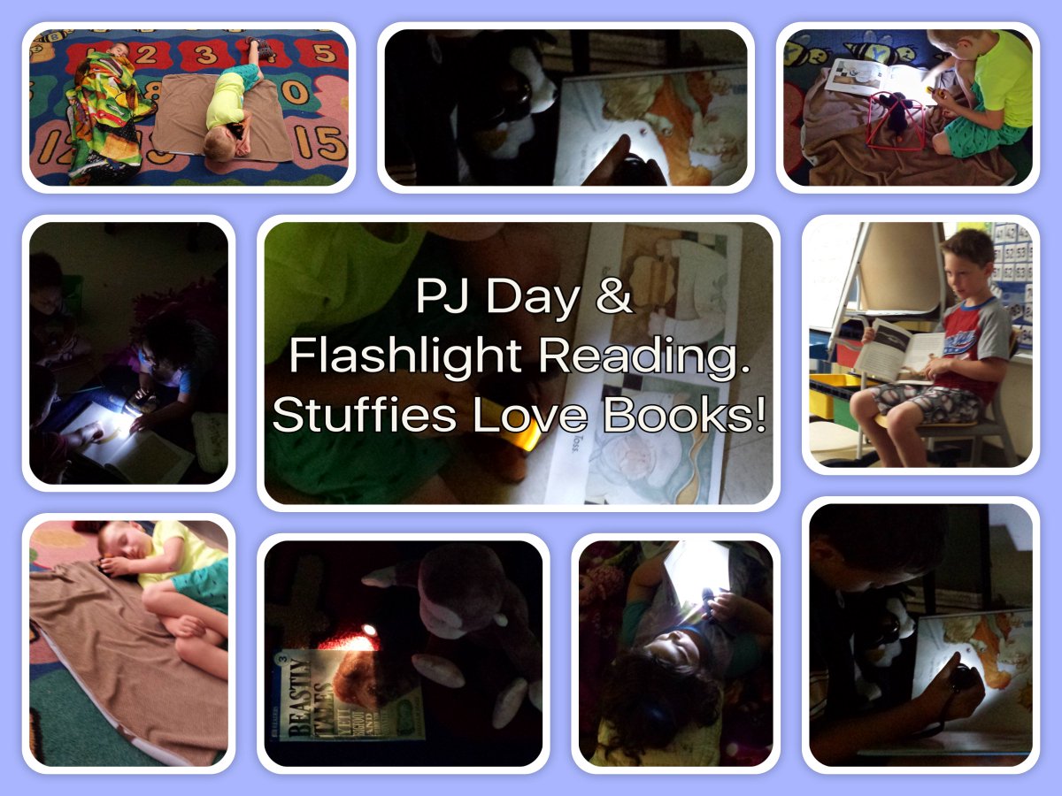 StephHanniman's tweet photo. The students wanted a pyjama day.  We brought flashlights, our favourite books, and stuffies.  We had a blast reading! https://t.co/Hhz100Jqwf