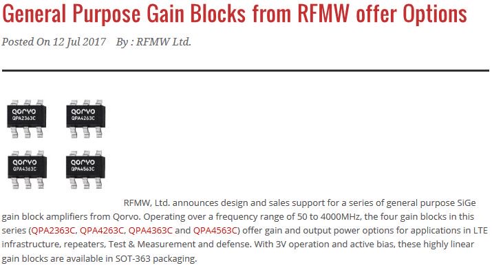 RFMWLtd's tweet photo. @QorvoInc gain blocks
50-4000MHz QPA2363C, QPA4263C, QPA4363C, QPA4563C
https://t.co/znpnc0HFem
#Qorvo #QorvoInc #RFMW #RFMWLtd #GainBlock https://t.co/nUKIEt4g9J