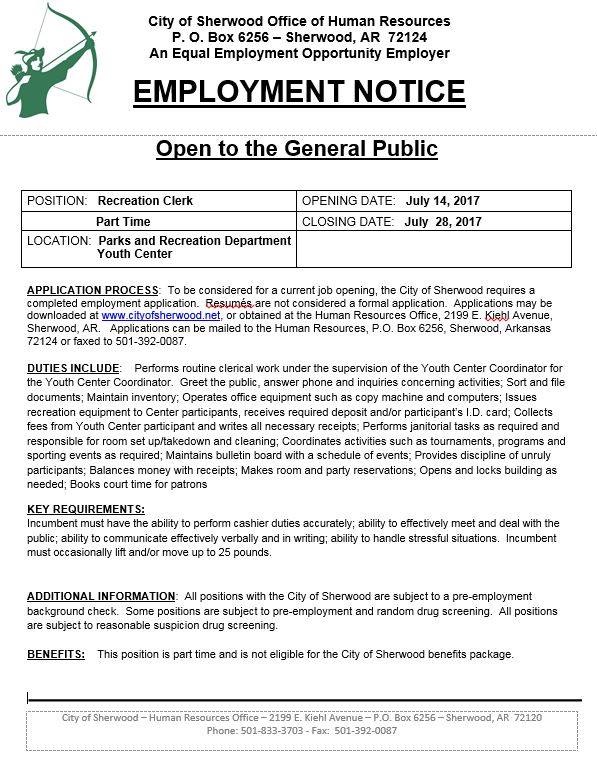 SherwoodRecruit's tweet photo. New Job Listing! We're seeking a part-time recreation clerk for the youth center. Apply online at https://t.co/ufRnKm6Qrb or in our office. https://t.co/PvGPBgZ3BX