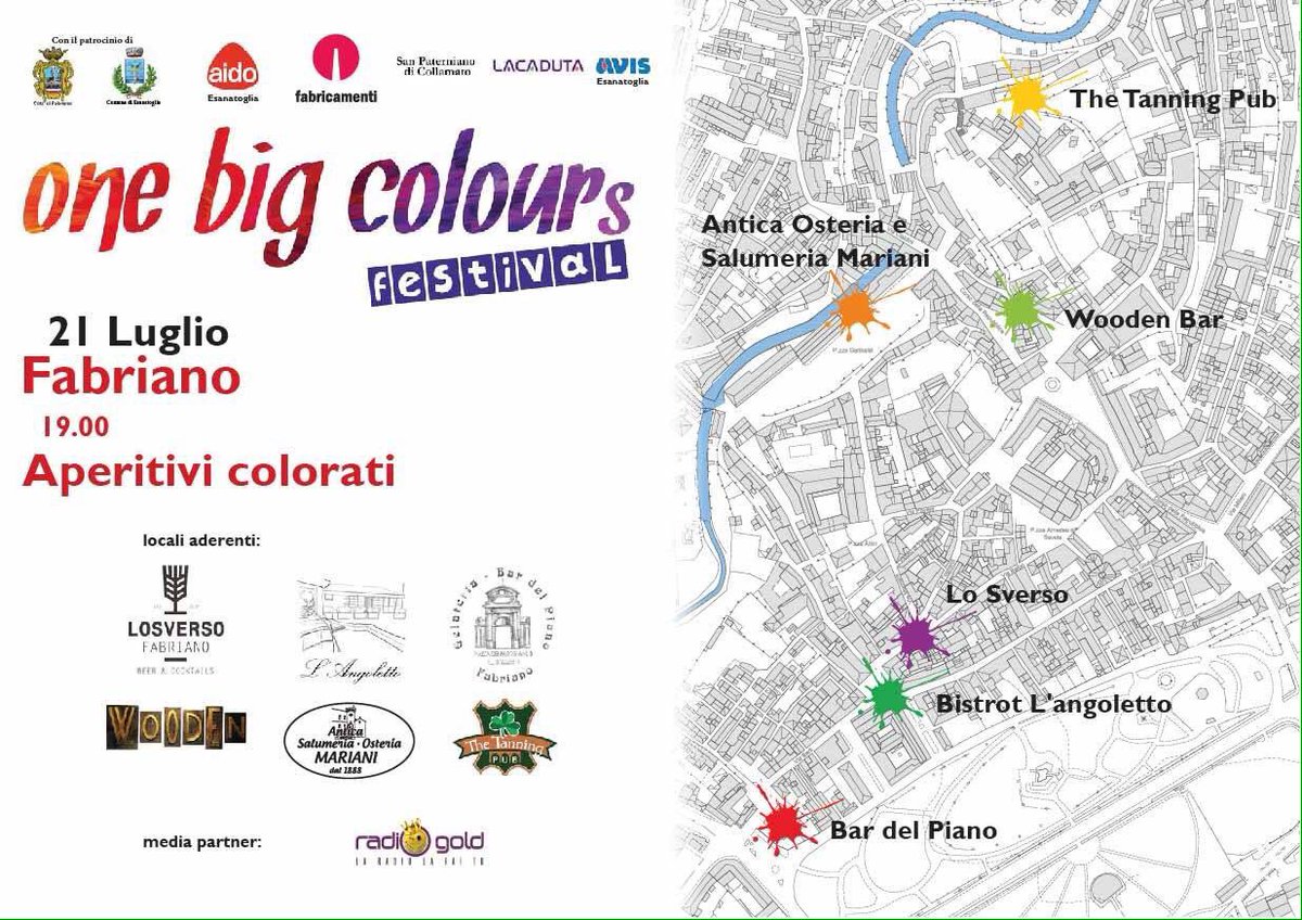 fabricamenti's tweet photo. Inizia Venerdì 21/07 a #Fabriano #OneBigColours Festival2017 con gli aperitivi colorati.Scopri la mappa e i locali che aderiscono all'evento https://t.co/luPZhV0RIq