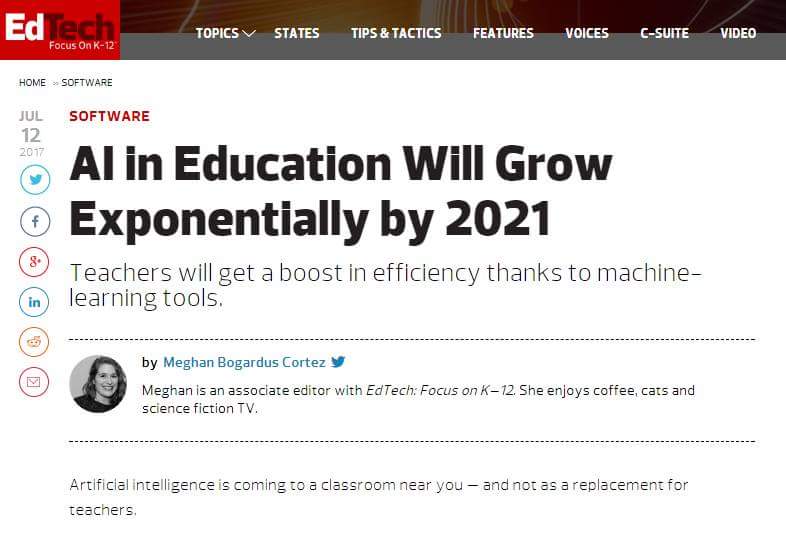 EdTechIndo's tweet photo. "Artificial Intelligence (AI) in the education sector will grow 47.5 percent through 2021."

Source:
https://t.co/p9rofB5sd5 https://t.co/2KecM79MYt