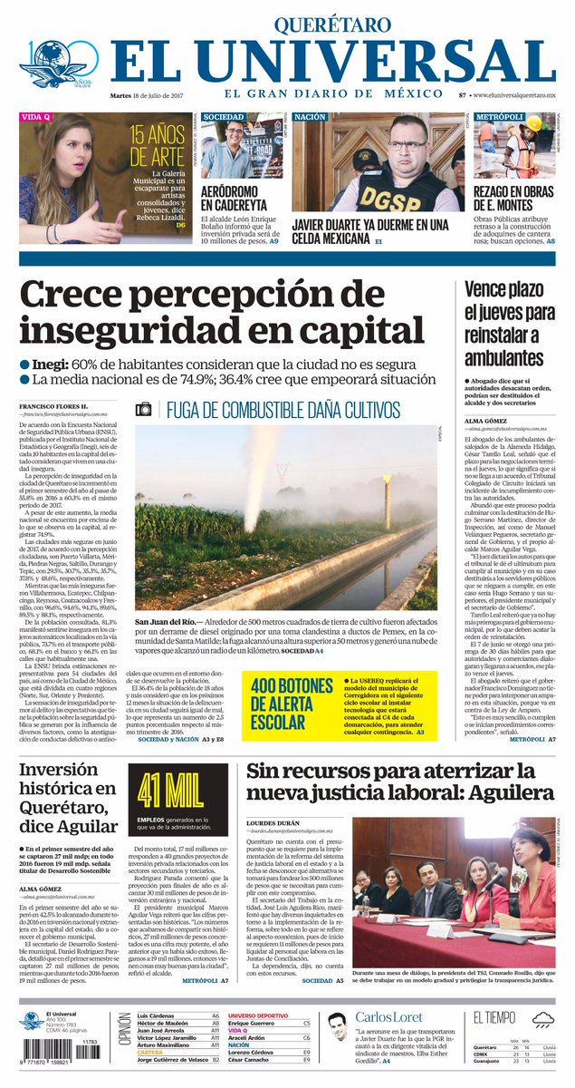 universalqro's tweet photo. #EnPortada📰➡|Crece percepción de inseguridad en capital/ Sin recursos para aterrizar la nueva justicia laboral: Aguilera⬇ https://t.co/o2GxcxJeBC