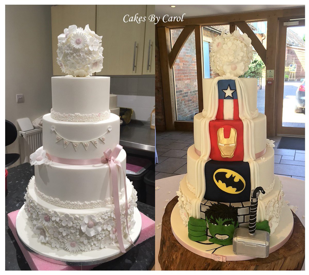 My first secret #superhero #avengers Wedding Cake.  Very girly at the front and a wow hidden at the back #weddingcake #wedding #pretty