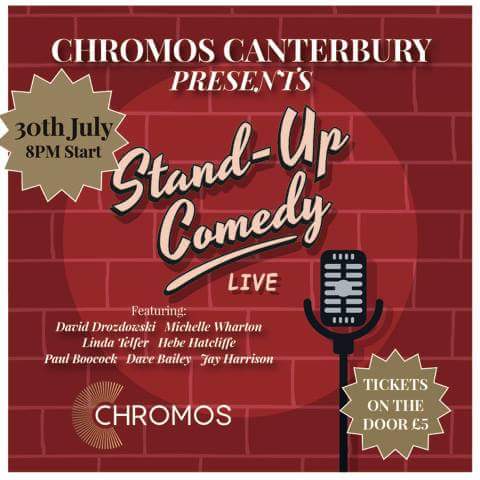Researchcecilia's tweet photo. Come and join the fun on 30 July. I am the compere! @wearechromos #comedyatchromos @visitCanterbury https://t.co/dE0YHGKjB9