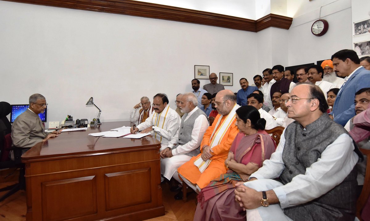 narendramodi's tweet photo. Earlier today, accompanied @MVenkaiahNaidu Garu as he filed his nomination papers for the office of Vice President. https://t.co/gtWUzgUWjV