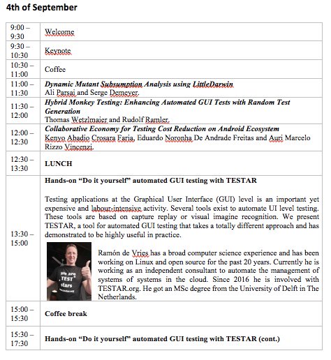 tanja_vos's tweet photo. #ATEST 2017 program. Paderborn 4-5 September before #FSEConf https://t.co/Tee0I58ika https://t.co/eSVnuAwqZX @DrSEldh @WishnuPrasetya https://t.co/JCrZhTuCp7