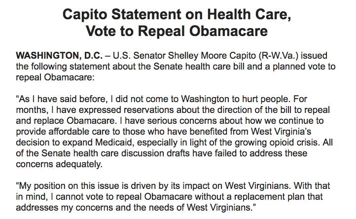 akarl_smith's tweet photo. Sen. Capito: "I cannot vote to repeal Obamacare without a replacement plan that addresses my concerns and the needs of West Virginians" https://t.co/UslqtWedpa