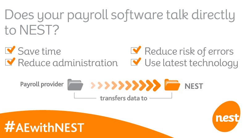 nestpensions's tweet photo. Can your payroll package ‘talk’ to NEST? Ask your provider. #AEwithNEST https://t.co/z5oAMRsYoN https://t.co/MG7Dd6Otfa