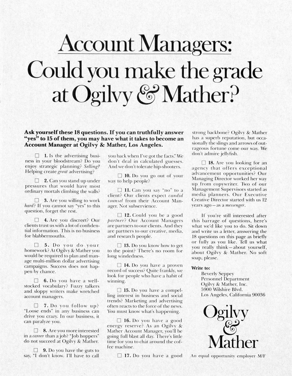Bhex_m's tweet photo. Would u apply? &amp; how bad do you want the job?David Ogilvy was a genius.#nosoftsoap #topcopy #Ogilvy #brandsmatter @CopyConnoisseur https://t.co/rX4iYp84s9