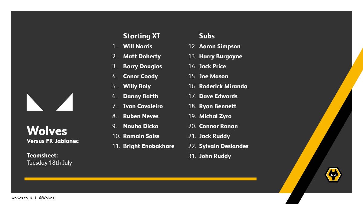 Wolves's tweet photo. Here's how Wolves line-up for this evening's pre-season friendly against @FKJablonec. #FKJvWOL #WolvesInAustria🇦🇹 https://t.co/bAXEDn9ePk