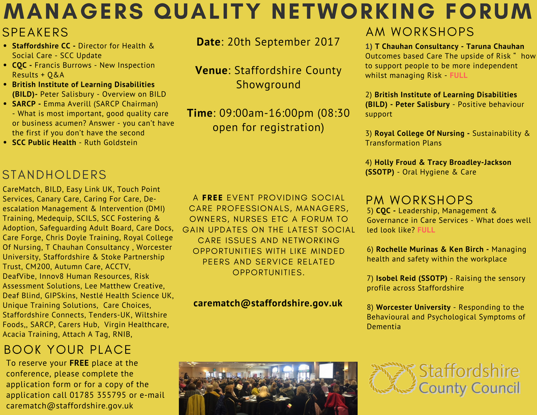 StaffordshireCC's tweet photo. FREE Event to gain updates on the latest social care issues and networking opportunities, book your place at https://t.co/tKEcGCzAwp #MQNF https://t.co/5Uo5haqL9R