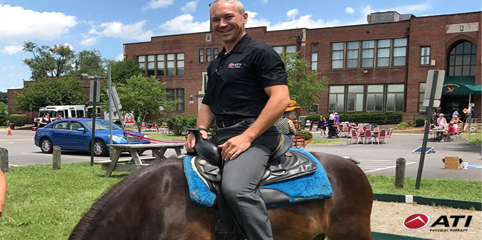 ATIPT's tweet photo. Mark Halley, CD of our Dundalk, MD clinic, attended the Dundalk Senior Health Fair &amp; couldn't leave w/o going for a pony ride! #ATIOutside https://t.co/hfWuMcjh8X