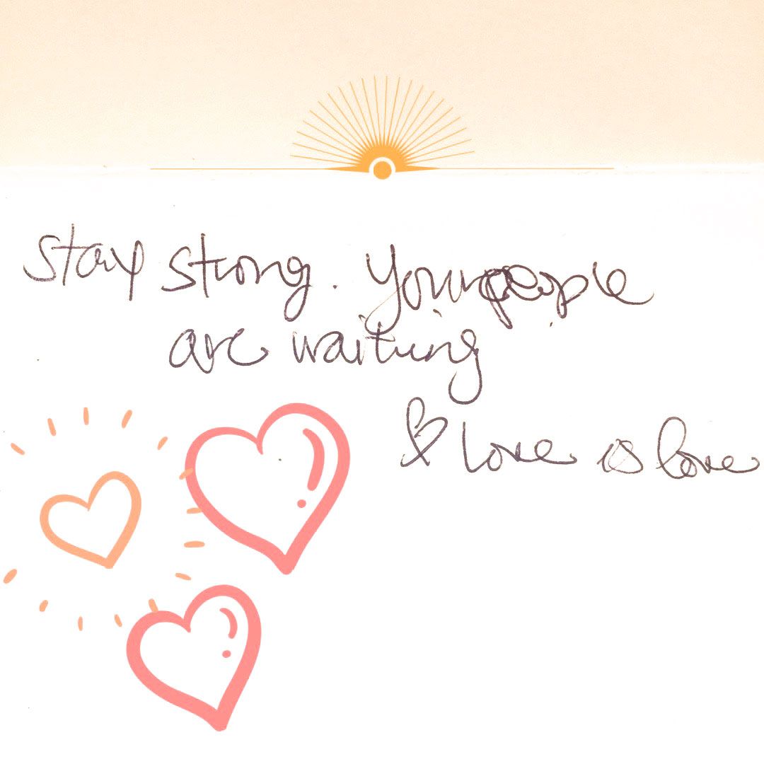 HopeNAnEnvelope's tweet photo. “Stay strong! Your people are waiting. Love is love.” #HopeInAnEnvelope https://t.co/ezScx68QCR