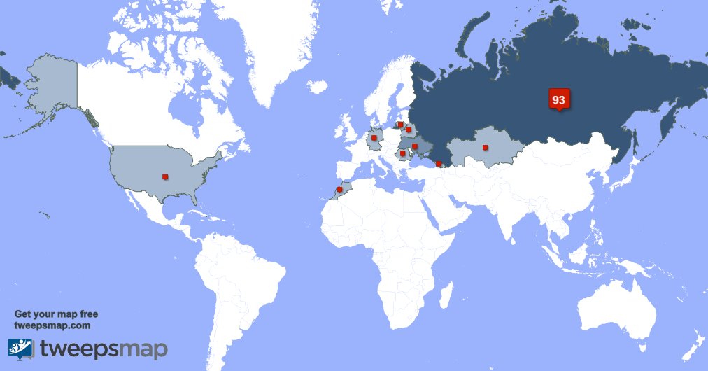 My followers live in Russia (92%), Ukraine(4%)... Get your free map: tweepsmap.com/!IriskaLav