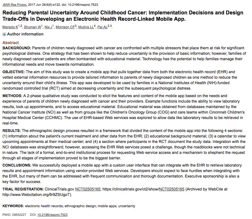 CincyInformatix's tweet photo. New from Keith Marsolo: #Mobile #app provides tailored info to parents of new #cancer patients, via @JMedInternetRes https://t.co/SuPqCp59Qb https://t.co/ruRNkEuoF4