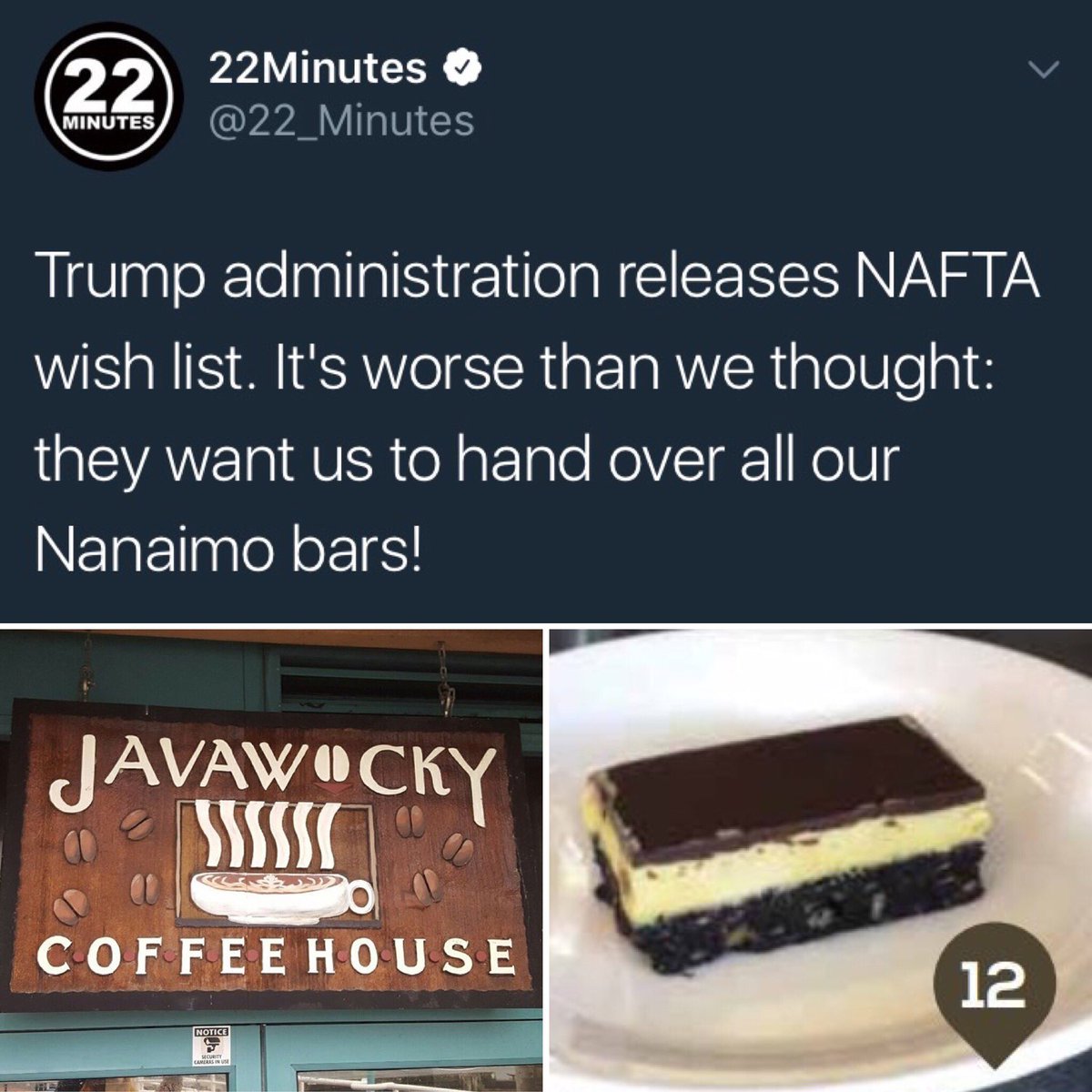 They'll never take our #Nanaimo Bars or jeopardize our #12 spot on the delicious Nanaimo Bar Trail without a fight! #NAFTA #NanaimoBar #HaHa
