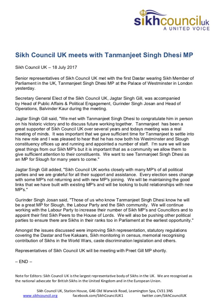 SikhCouncilUK's tweet photo. Yesterday our senior representatives met with @TanDhesi - the first Turban wear Sikh MP in the UK #SikhMP #GE2017 #SloughMP https://t.co/ouaJJhRghl