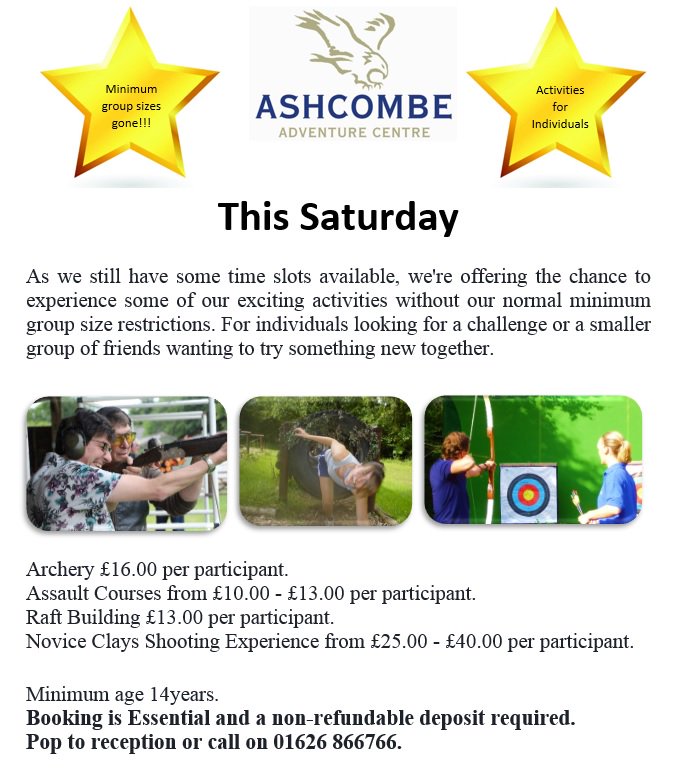AshcombeSG's tweet image. A rare opportunity this Saturday 22nd July!  Advance booking is required, so take a look and call us now.
#AshcombeAdventure