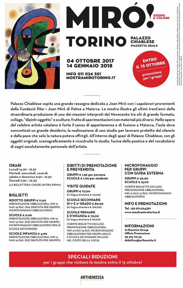 federagitpiemo1's tweet photo. Dal 4 ottobre al 14 gennaio 2018 a Palazzo Chiablese a #torino"Miró! Sogno e colore". Scopritela con le nostre viste guidate. Vi aspettiamo! https://t.co/DisOiFN3Rx