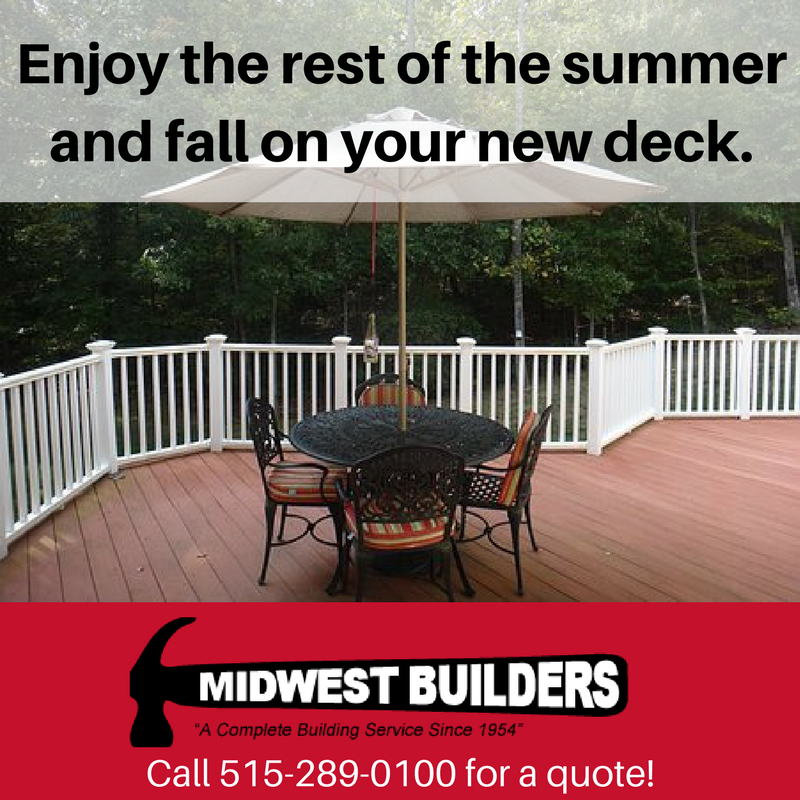 MidwestBuildIA's tweet photo. Summer is a good time to add a deck to your home. It increases your family's enjoyment and your home's value. See https://t.co/henrbsdsXb https://t.co/hqeagRFAaV