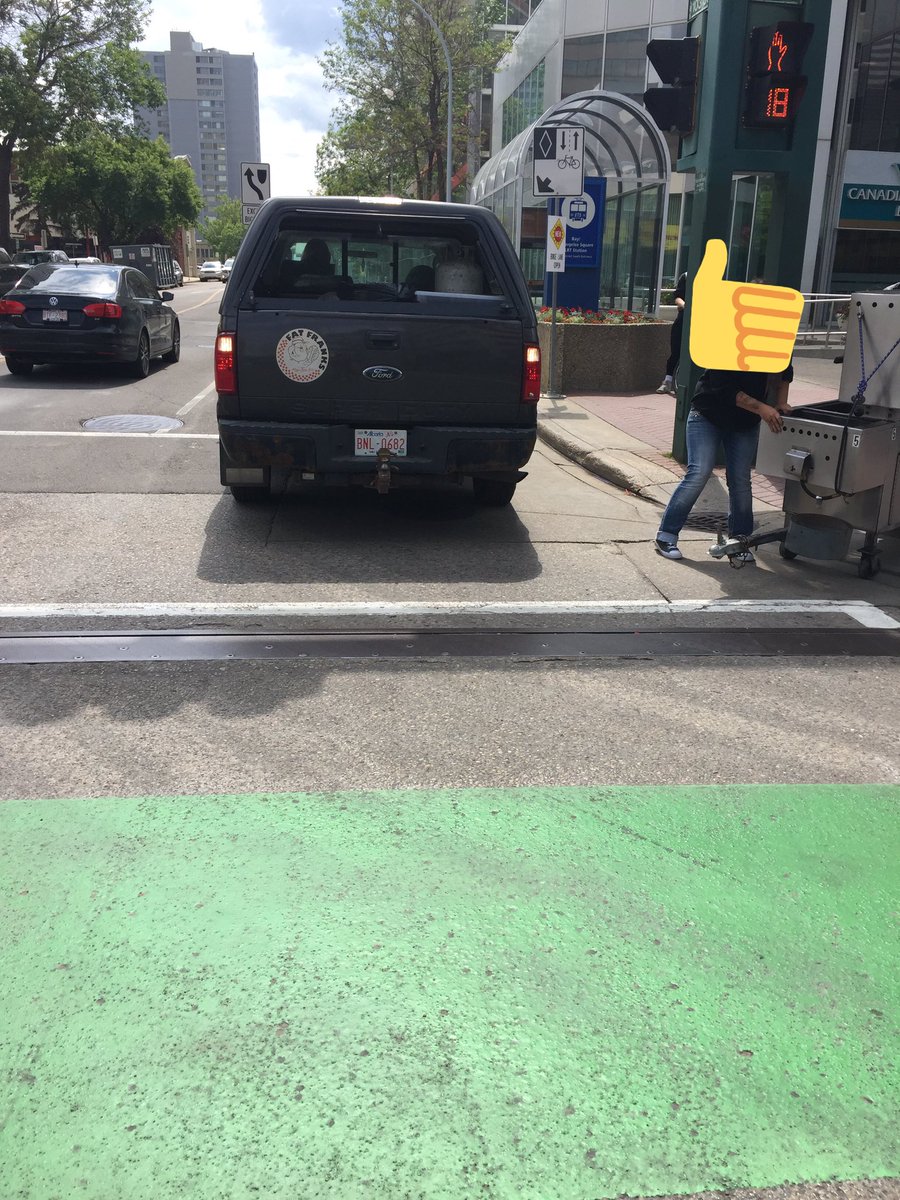 the_ok_kid's tweet photo. Thanks for obstructing the protected bike lane, @FatFranks_ @CityofEdmonton @YEGCycle #funinabun #yeg #yegdt https://t.co/jDW3Sqe2fU