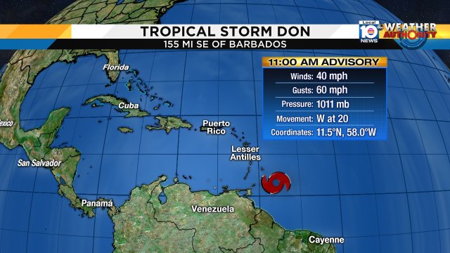 As of Tuesday 11AM: Tropical Storm Don showing signs of weakening. #miami #FLL #FLkeys https://t.co/Ohagg5Mc2o