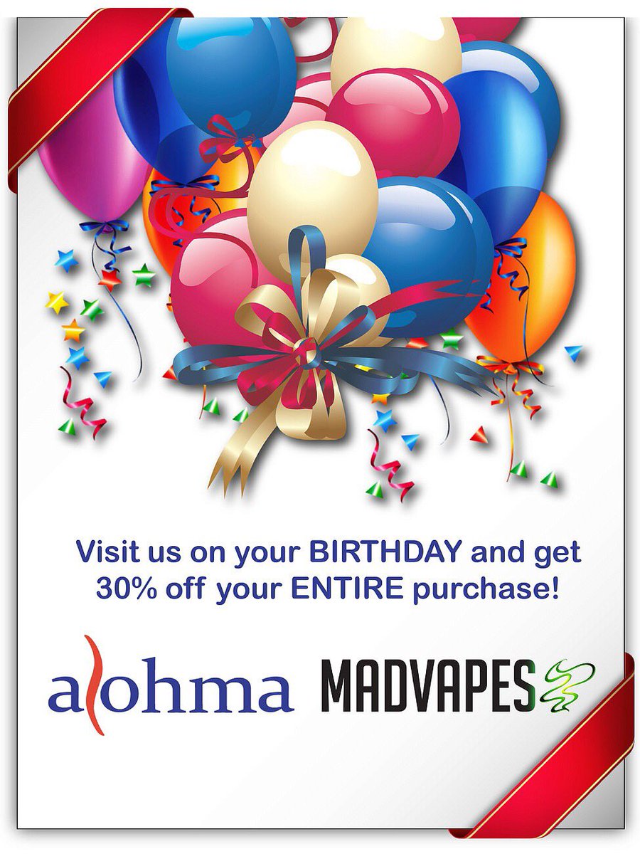 FMadvapes's tweet photo. Come see us on your birthday and let us help you celebrate by getting 30% off your entire purchase!🎁🎈🎉 https://t.co/AdcOqdU142
