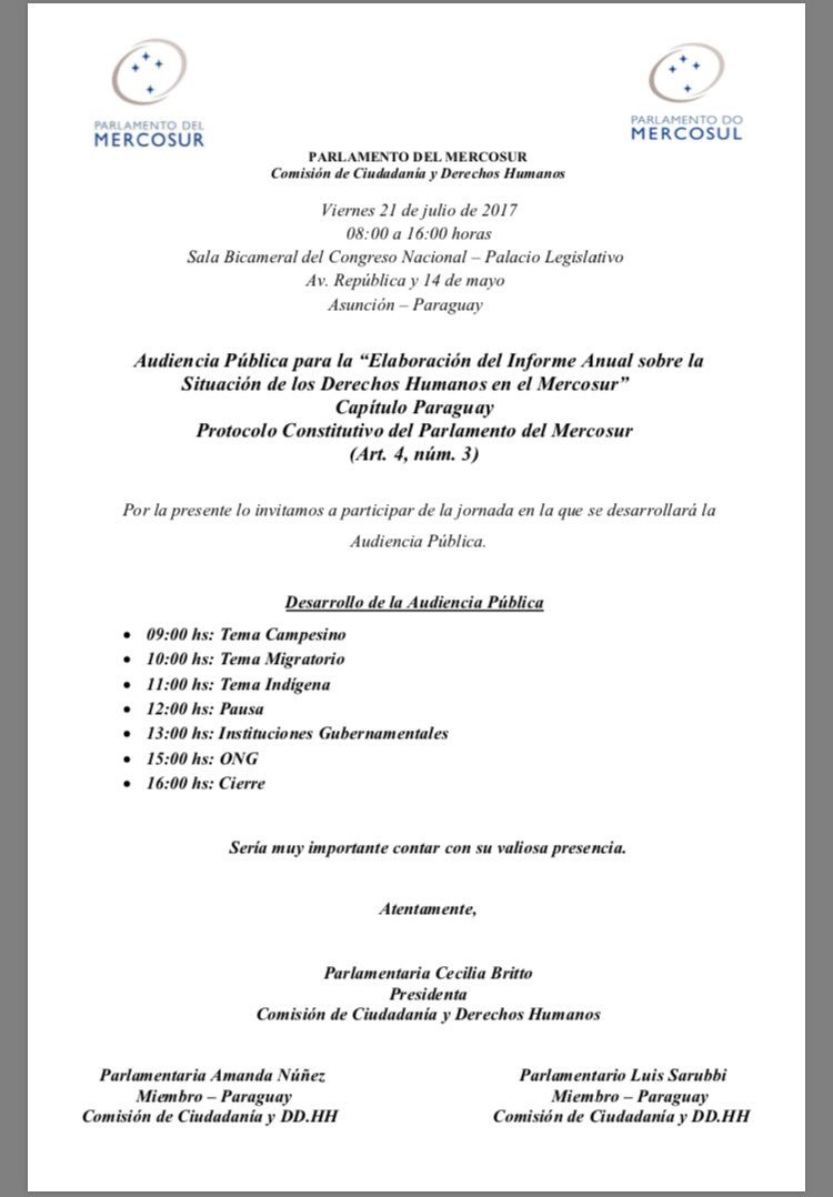 RicardoCanese's tweet photo. Invitamos a todas las Orgs sociales, indígenas, campesinas, trabajadores, de estudiantes a participar en la Audiencia de DDHH del @PARLASUR https://t.co/D7DTnGgZbL