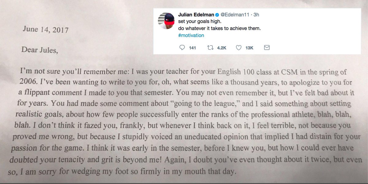 Julian Edelman's English teacher sent him a letter apologizing for doubting him.