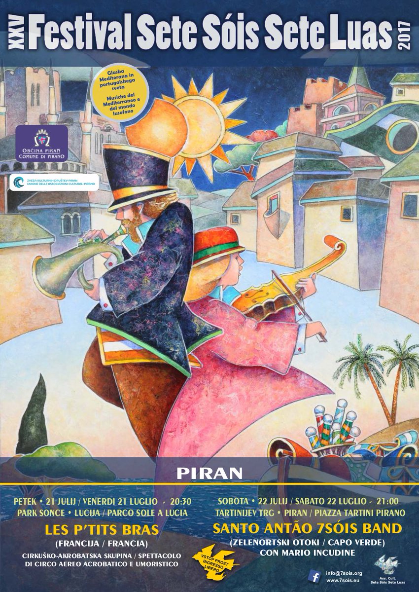 MediadomPiran's tweet photo. Ta petek in soboto bo v Luciji in Piranu potekal festival 7 Sonc 7 Lun
@7sois7luas #Piran #Lucija #setesoisseteluas #7sonc7Lun https://t.co/1y8WoTSxSm