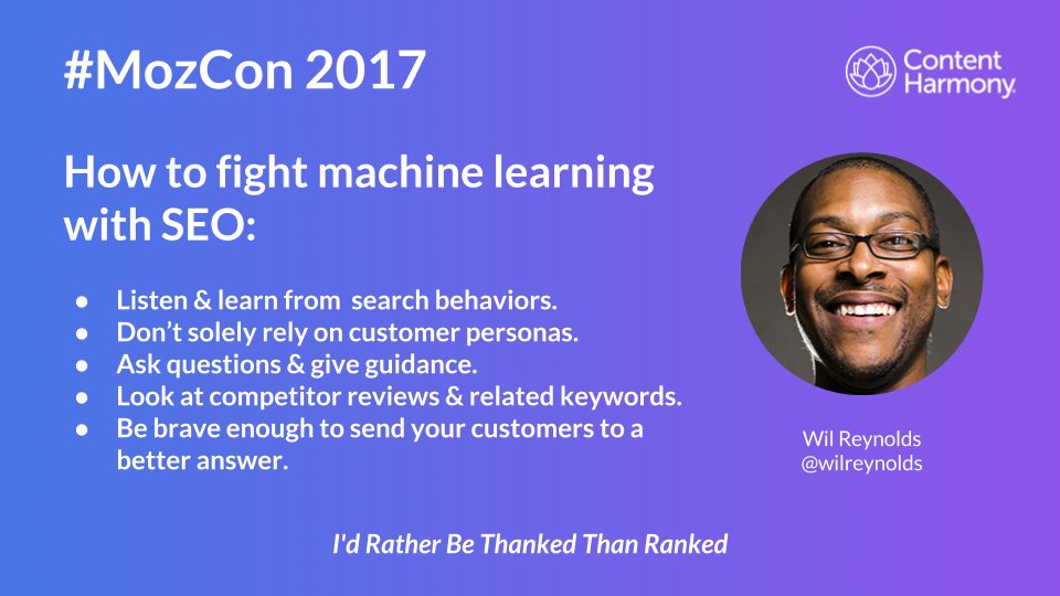 contentharmony's tweet image. I'd Rather Be Thanked Than Ranked with @wilreynolds of @SeerInteractive #MozCon