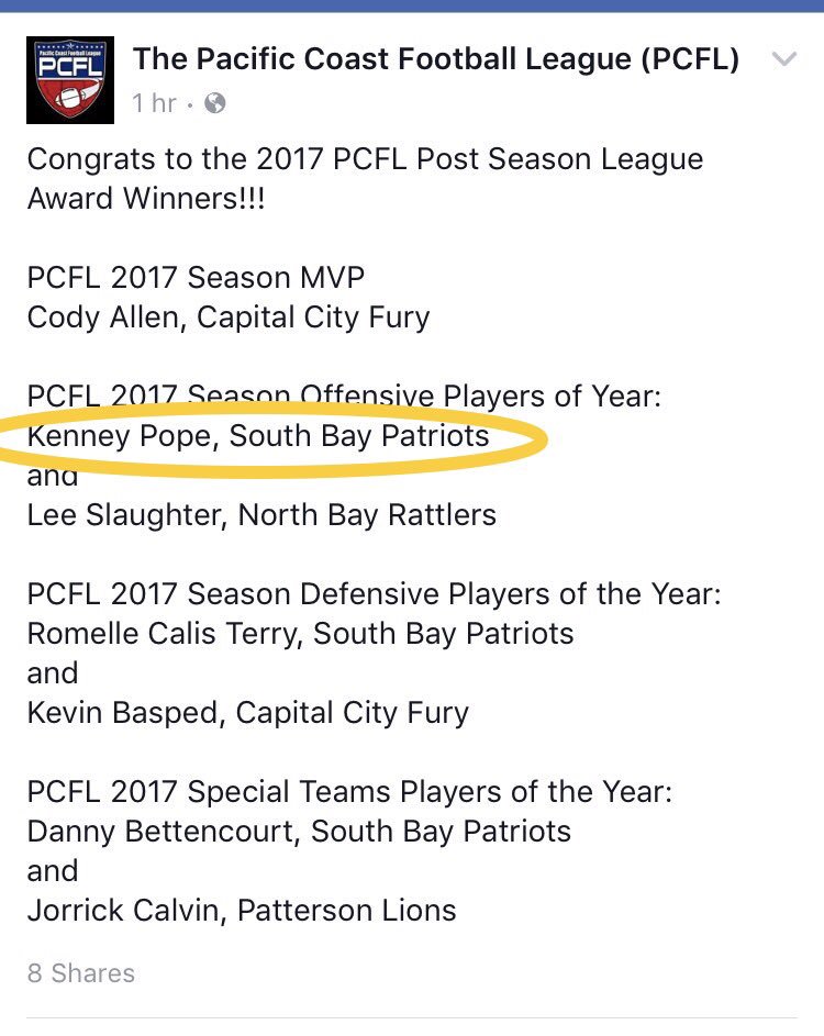 KenneyPope's tweet photo. PFCL Season Offensive Player of Year!#️⃣4️⃣💯🇺🇸#ThePCFL #SouthBayPatriots #KenneyPope #OPOY #HeartBreakKid #Thankful #AlwaysRoom4Improvement https://t.co/e0bmaAwaVH