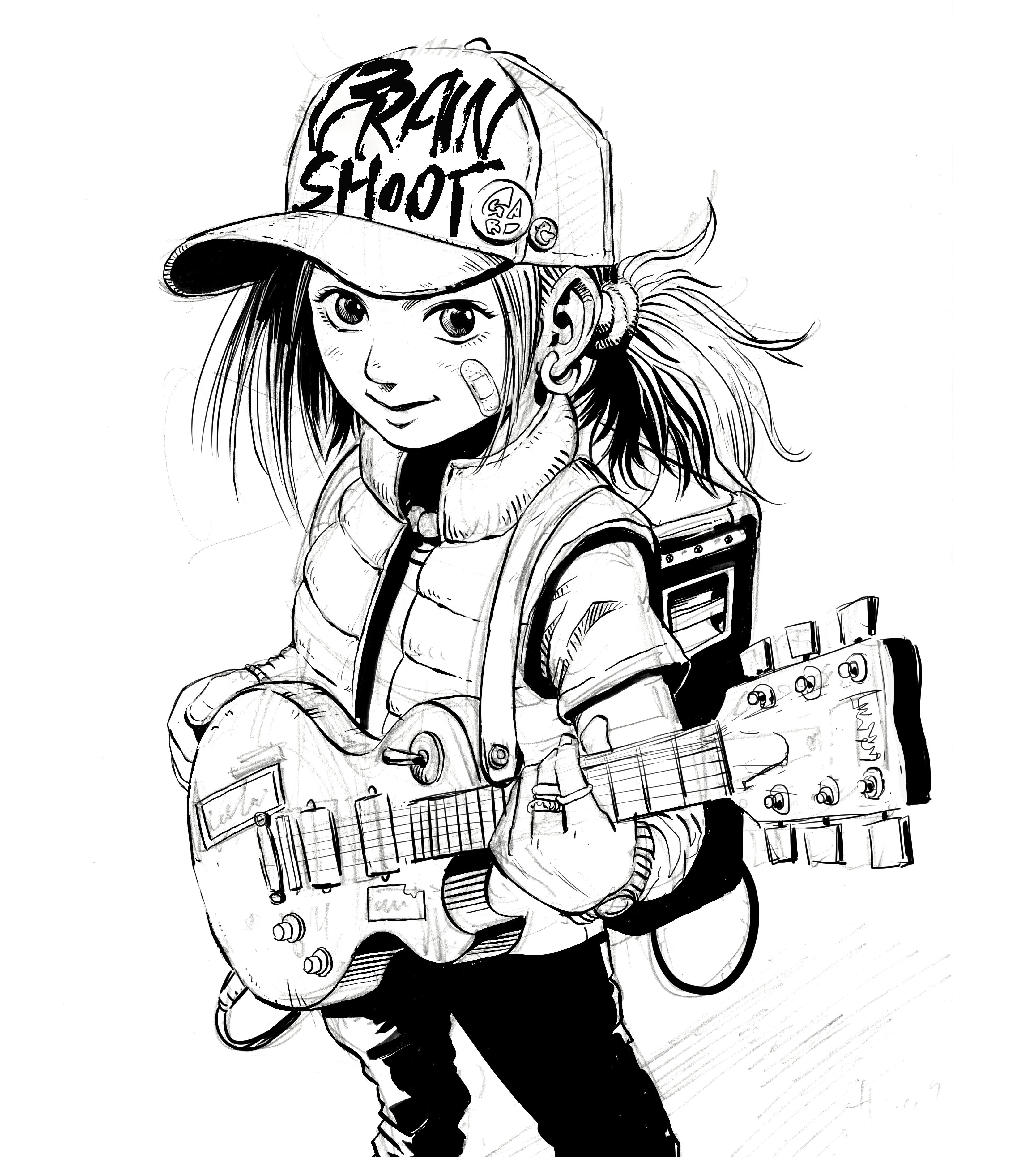 はたのさとし メシギャル ナニワめし暮らし 配信中 深夜に描いてみました ザックワイルドのような図太い音を鳴らす女の子 絵描き ギター 女の子 落書き らくがき レスポール イラスト 漫画原稿 原稿 Drawing Draw Illustration