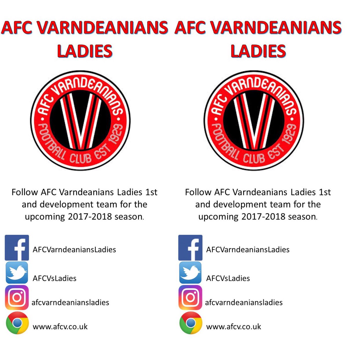 afcvwomen's tweet photo. Follow AFC Varndeanians Ladies 1st and development team for the 2017-2018 season via the pages below! ⚽️🔴⚫️ #AFCVL @SentHerForward https://t.co/S7laEw6Zqw